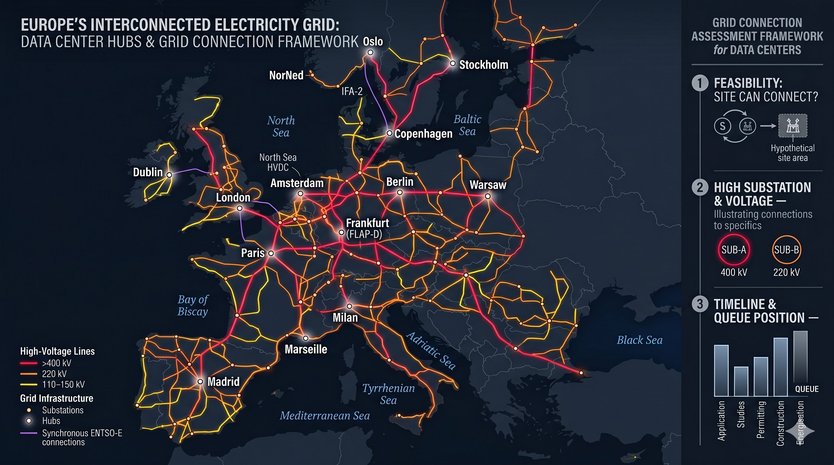 Europe interconnected electricity grid: data center hubs, voltage-tiered HV interconnections, and grid connection assessment framework